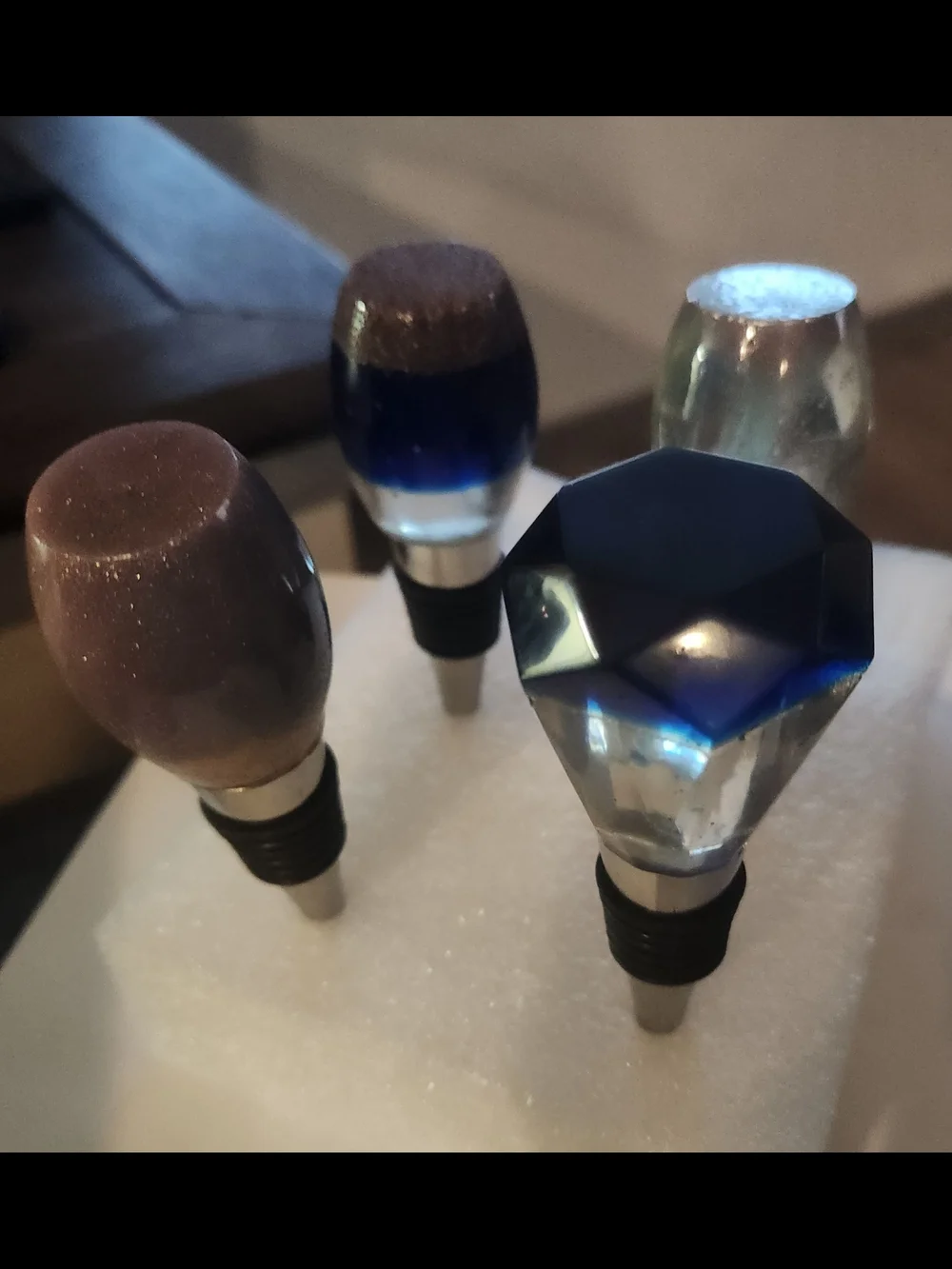 Handmade Resin Wine Bottle Stoppers Set of 4 – Navy, Smoke & Crystal